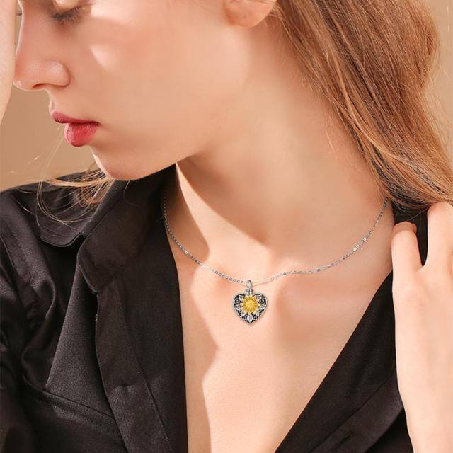 Sterling Silber Vintage oxidiert Sonnenblume & Herz Urne Halskette für Asche-1