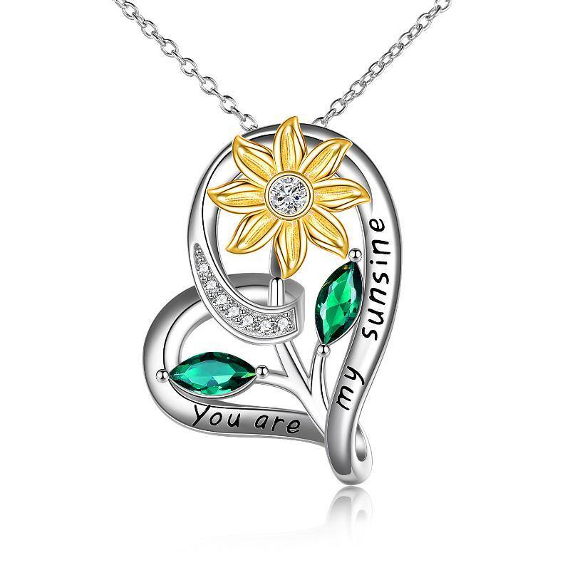 Sterling Silver Zircon Sunflower & Heart Pendant Necklace-1