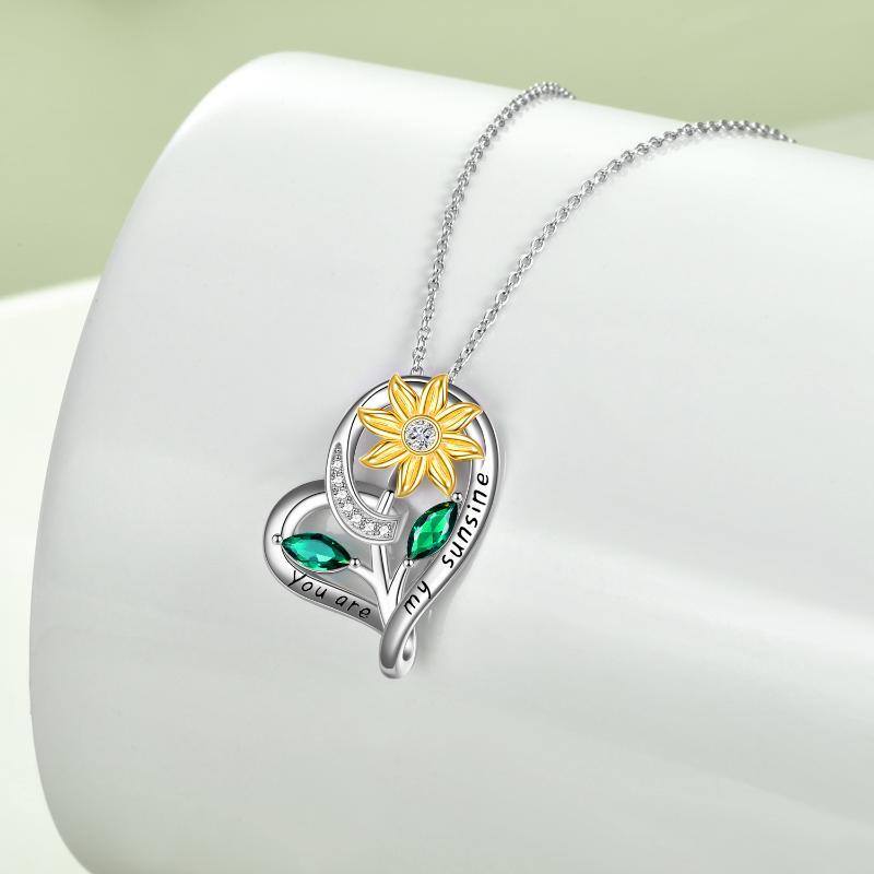 Sterling Silver Zircon Sunflower & Heart Pendant Necklace-4