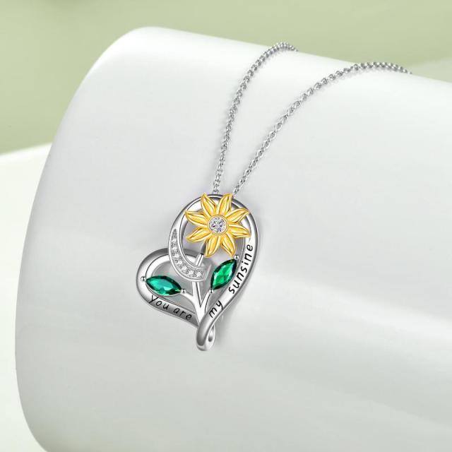 Sterling Silver Zircon Sunflower & Heart Pendant Necklace-3