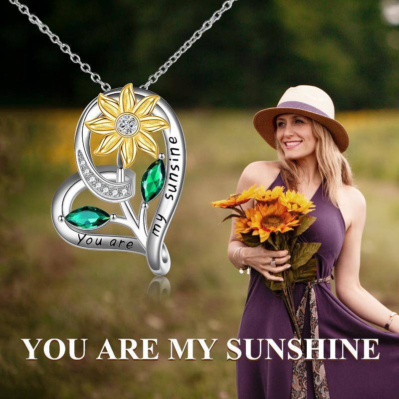 Sterling Silver Zircon Sunflower & Heart Pendant Necklace-6