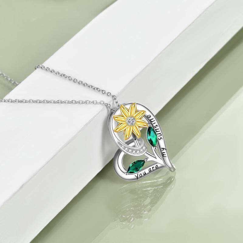 Sterling Silver Zircon Sunflower & Heart Pendant Necklace-3