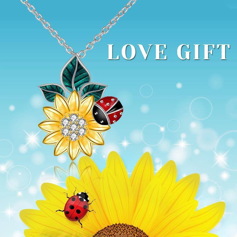 Sterling Silver Two-tone Cubic Zirconia Ladybug & Sunflower Pendant Necklace-6