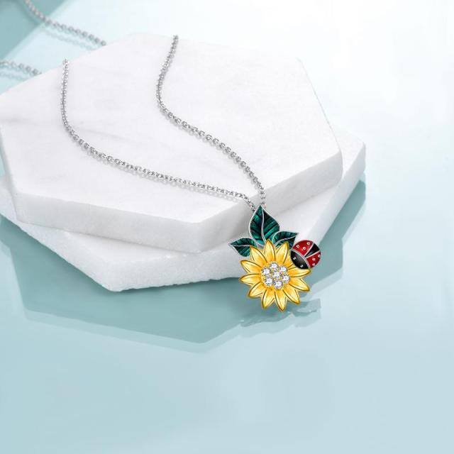 Sterling Silver Two-tone Cubic Zirconia Ladybug & Sunflower Pendant Necklace-2