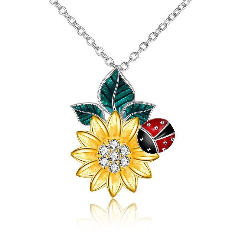 Sterling Silver Two-tone Cubic Zirconia Ladybug & Sunflower Pendant Necklace-1