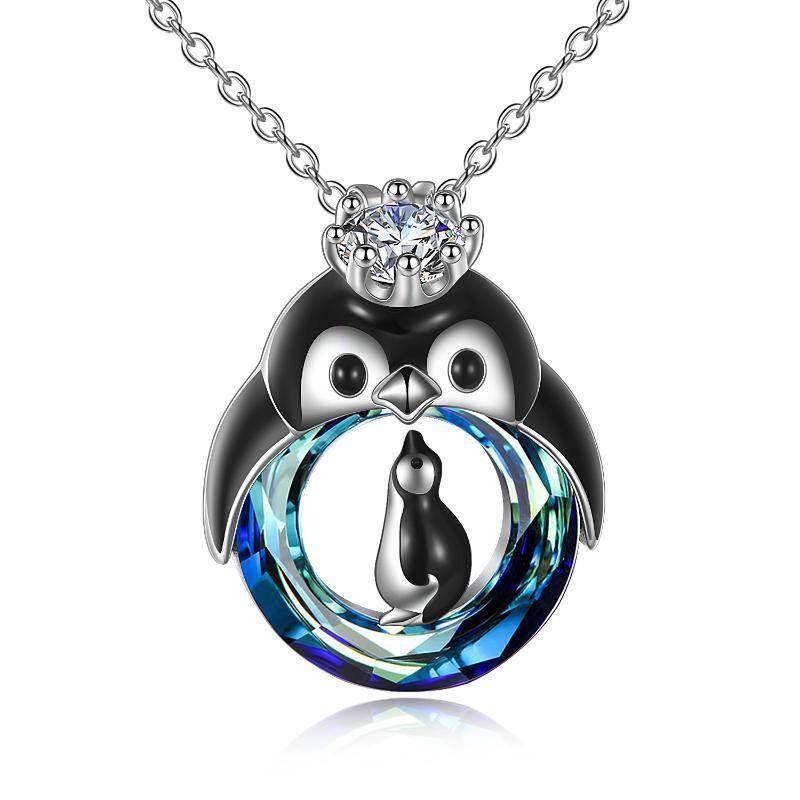 Sterling Silver Mom & Baby Penguin Crystal Pendant Necklace-1