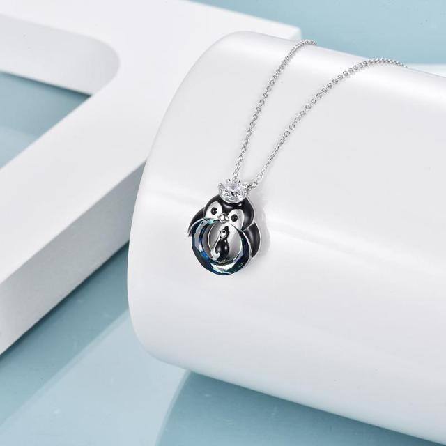 Sterling Silver Mom & Baby Penguin Crystal Pendant Necklace-2