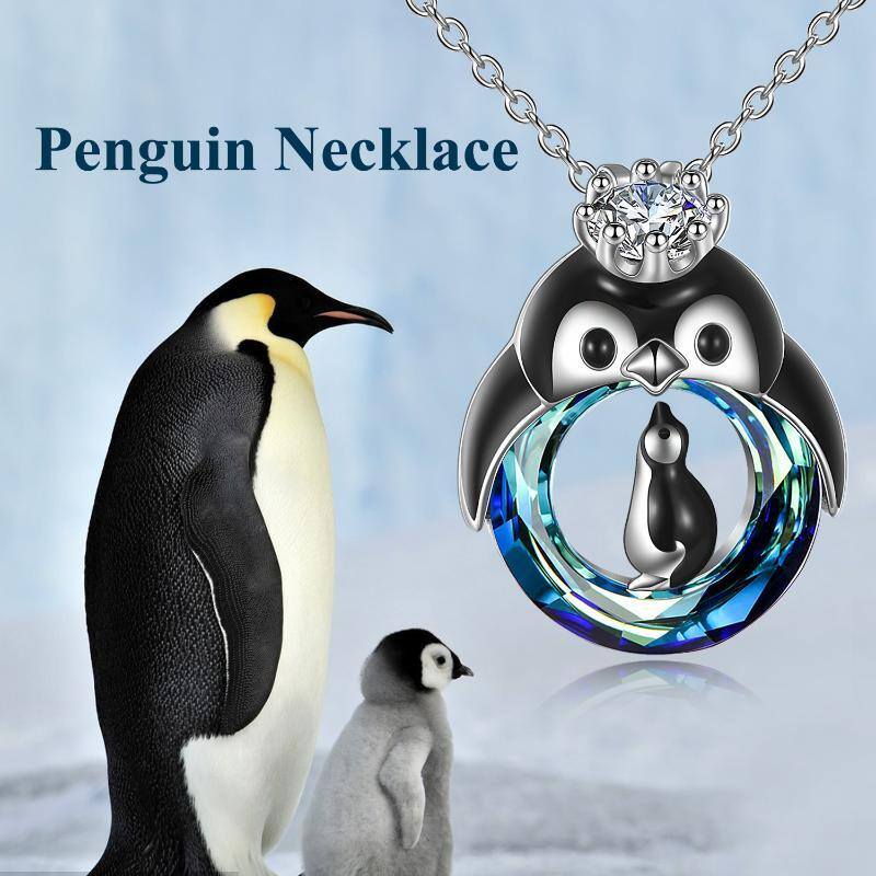 Sterling Silver Mom & Baby Penguin Crystal Pendant Necklace-6