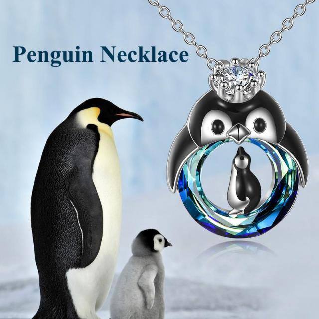 Sterling Silver Mom & Baby Penguin Crystal Pendant Necklace-5