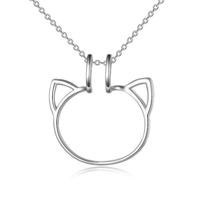 Sterling Silber Katze Ring Halter Anhänger Halskette-1