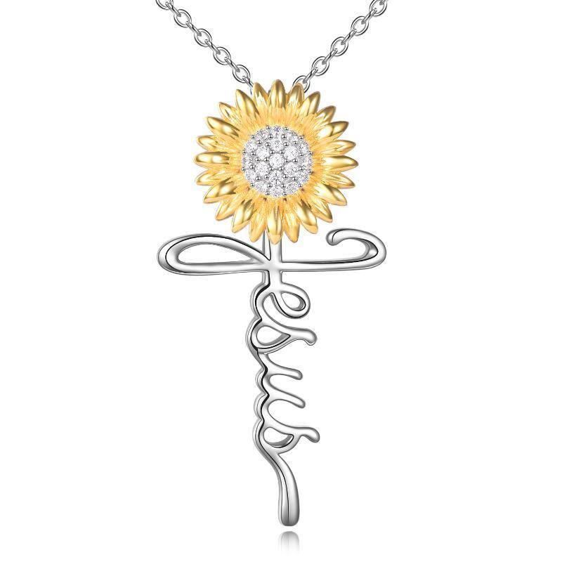 Sterling Silver Two-tone Circular Shaped Cubic Zirconia Sunflower & Cross Pendant Necklace-1