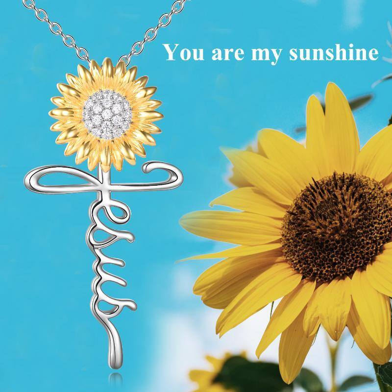 Sterling Silver Two-tone Circular Shaped Cubic Zirconia Sunflower & Cross Pendant Necklace-6