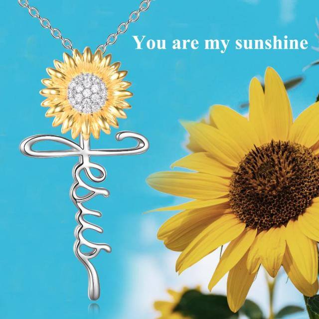 Sterling Silver Two-tone Circular Shaped Cubic Zirconia Sunflower & Cross Pendant Necklace-5