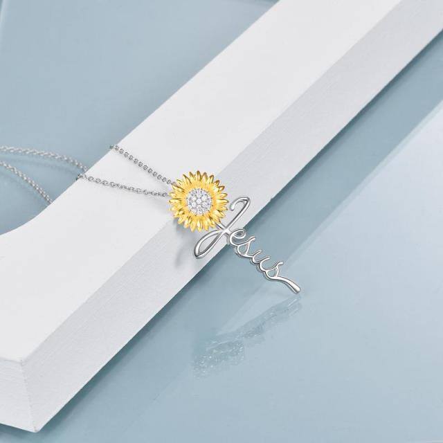 Sterling Silver Two-tone Circular Shaped Cubic Zirconia Sunflower & Cross Pendant Necklace-3