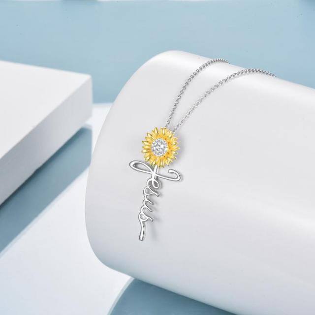 Sterling Silver Two-tone Circular Shaped Cubic Zirconia Sunflower & Cross Pendant Necklace-1