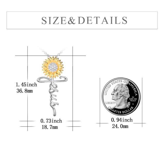 Sterling Silver Two-tone Circular Shaped Cubic Zirconia Sunflower & Cross Pendant Necklace-4