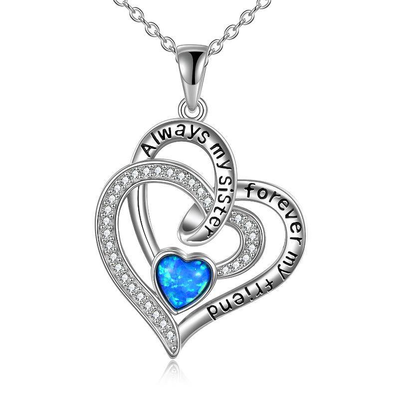 Sterling Silver Heart Shaped Opal Heart Pendant Necklace with Engraved Word-1