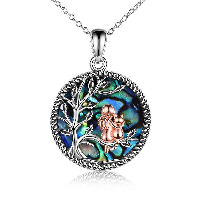 Sterling Silver Two-tone Round Abalone Shellfish Cat & Tree Of Life Pendant Necklace-1