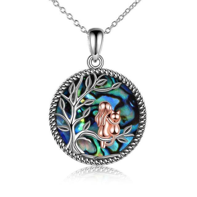 Sterling Silver Two-tone Round Abalone Shellfish Cat & Tree Of Life Pendant Necklace-0
