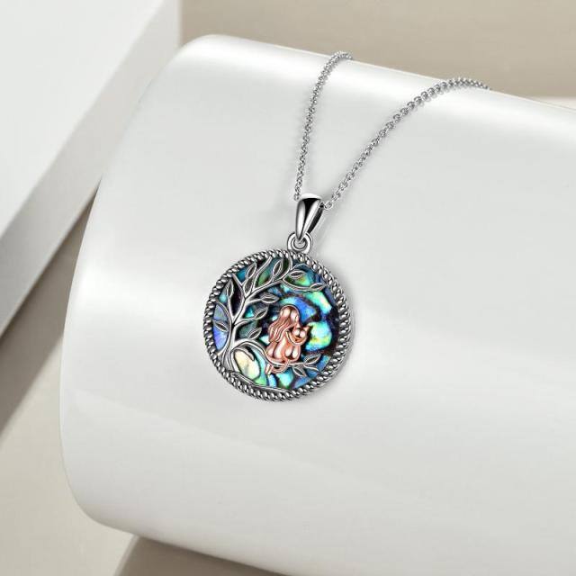 Sterling Silver Two-tone Round Abalone Shellfish Cat & Tree Of Life Pendant Necklace-2