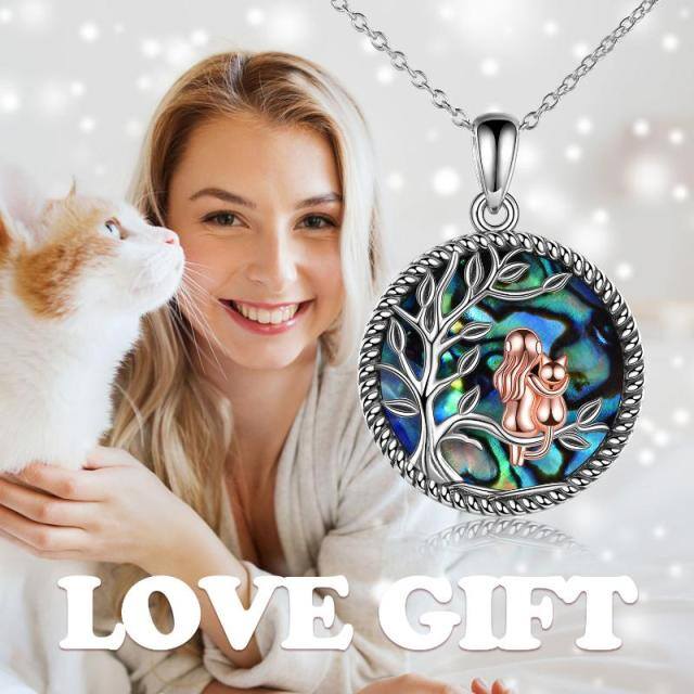 Sterling Silver Two-tone Round Abalone Shellfish Cat & Tree Of Life Pendant Necklace-5