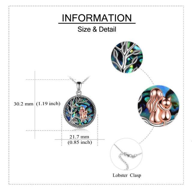 Sterling Silver Two-tone Round Abalone Shellfish Cat & Tree Of Life Pendant Necklace-4