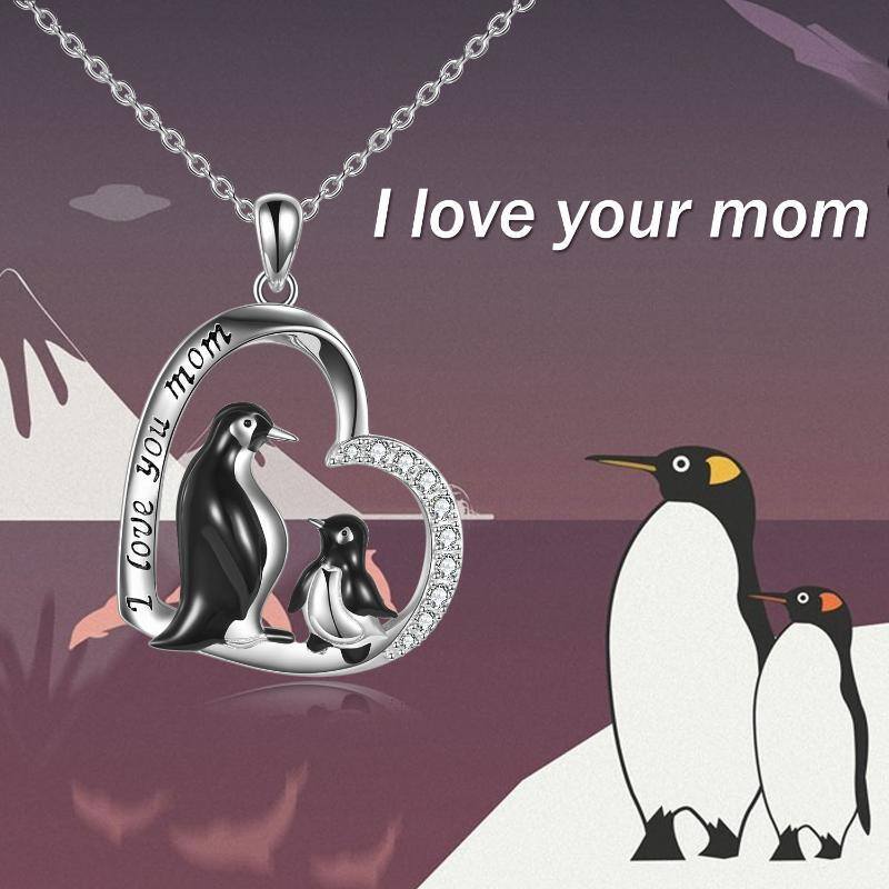 Sterling Silver Circular Shaped Cubic Zirconia Penguin & Heart Pendant Necklace with Engraved Word-6