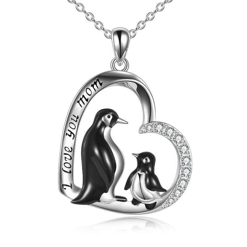 Sterling Silver Circular Shaped Cubic Zirconia Penguin & Heart Pendant Necklace with Engraved Word-1