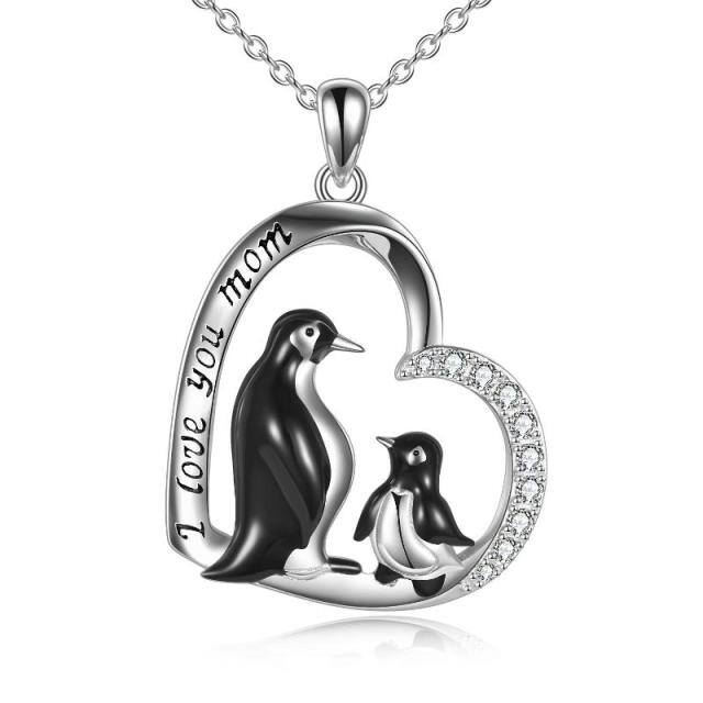 Sterling Silver Circular Shaped Cubic Zirconia Penguin & Heart Pendant Necklace with Engraved Word-4