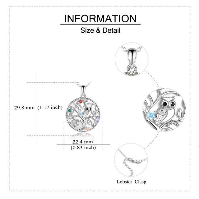 Sterling Silver Circular Shaped Cubic Zirconia Owl & Tree Of Life Pendant Necklace-4