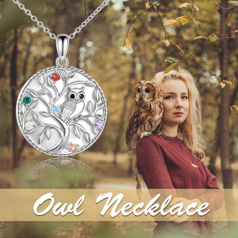Sterling Silver Circular Shaped Cubic Zirconia Owl & Tree Of Life Pendant Necklace-6