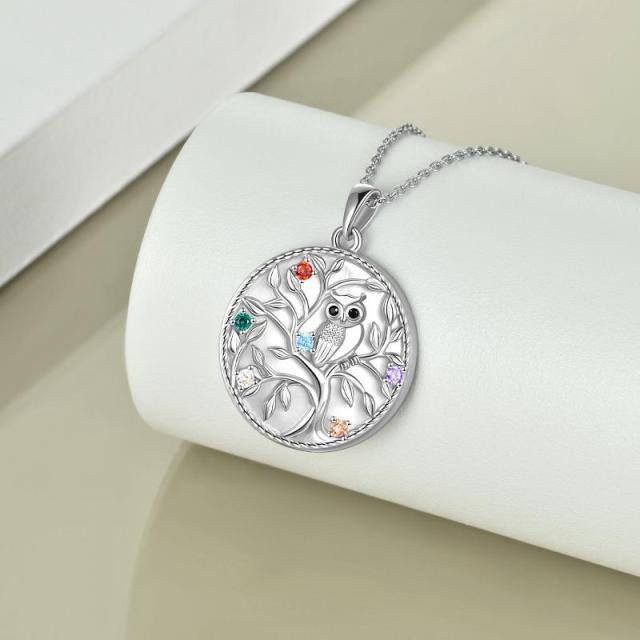 Sterling Silver Circular Shaped Cubic Zirconia Owl & Tree Of Life Pendant Necklace-3