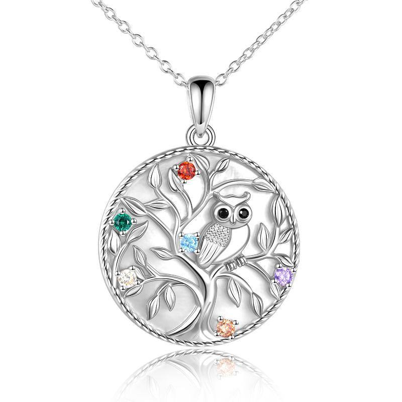 Sterling Silver Circular Shaped Cubic Zirconia Owl & Tree Of Life Pendant Necklace-1