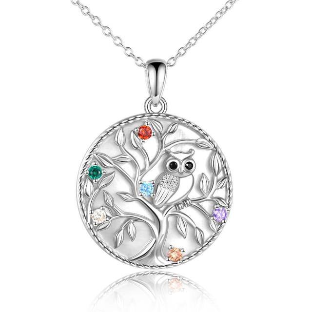 Sterling Silver Circular Shaped Cubic Zirconia Owl & Tree Of Life Pendant Necklace-0