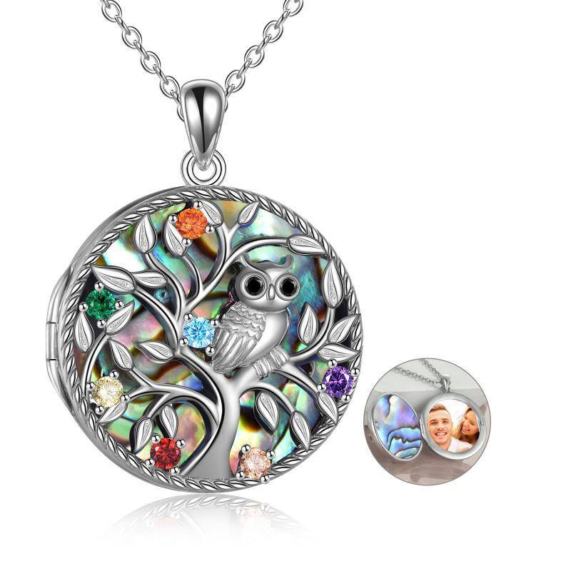 Sterling Silver Round Cubic Zirconia Owl & Tree Of Life Personalized Photo Locket Necklace with Engraved Word-1