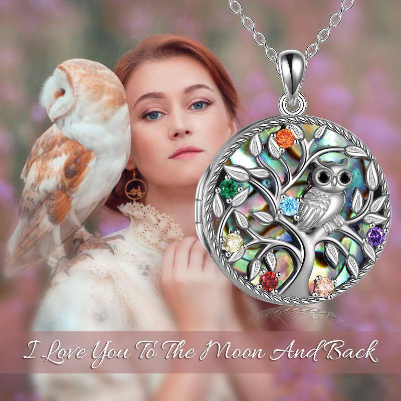 Sterling Silver Round Cubic Zirconia Owl & Tree Of Life Personalized Photo Locket Necklace with Engraved Word-5