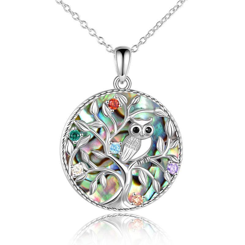 Sterling Silver Abalone Shellfish & Cubic Zirconia Owl & Tree Of Life Pendant Necklace-1