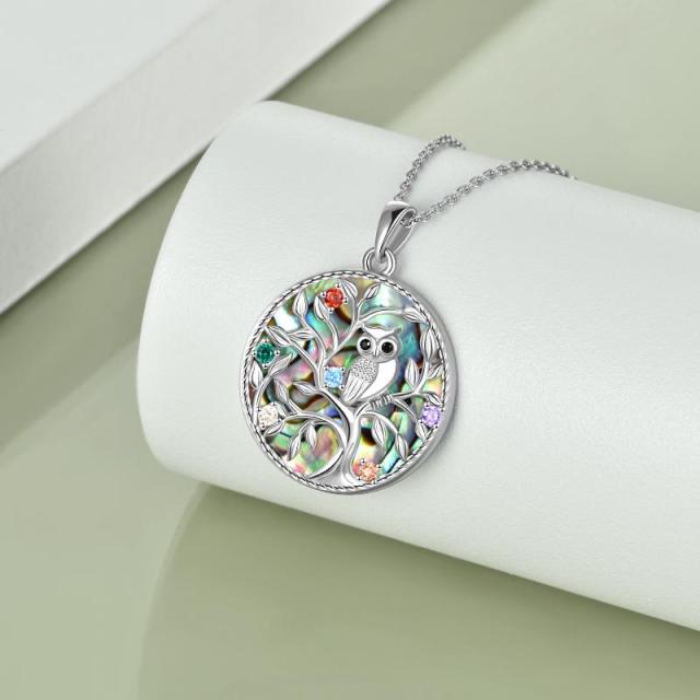 Sterling Silver Abalone Shellfish & Cubic Zirconia Owl & Tree Of Life Pendant Necklace-3