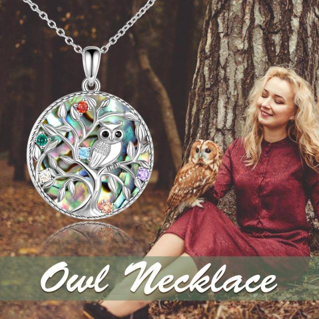 Sterling Silver Abalone Shellfish & Cubic Zirconia Owl & Tree Of Life Pendant Necklace-2