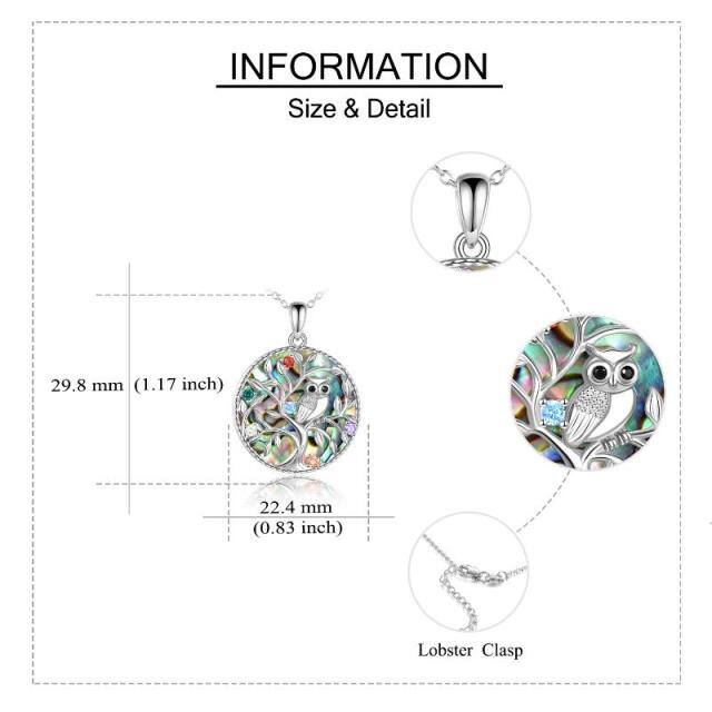 Sterling Silver Abalone Shellfish & Cubic Zirconia Owl & Tree Of Life Pendant Necklace-5