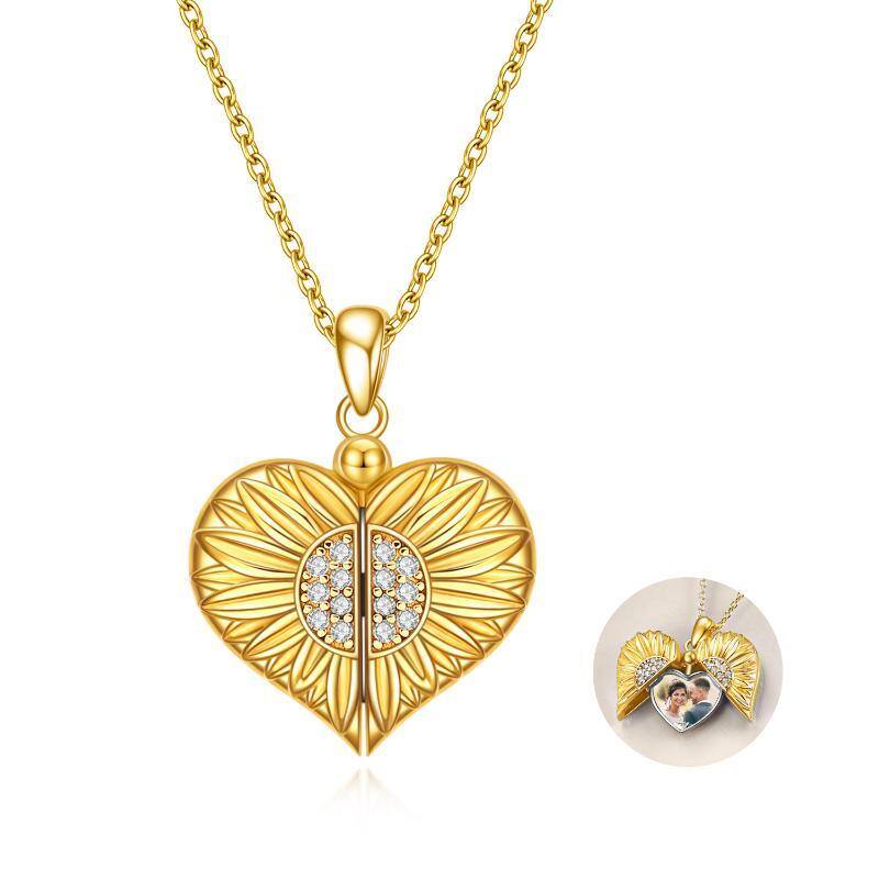 Sterling Silver with Yellow Gold Plated Circular Shaped Sunflower Personalized Photo Locket Necklace-1