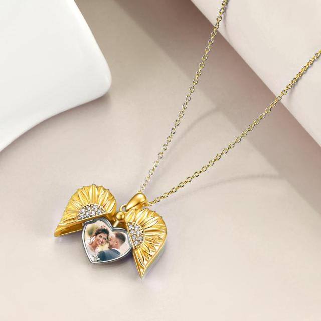 Sterling Silver with Yellow Gold Plated Circular Shaped Sunflower Personalized Photo Locket Necklace-3