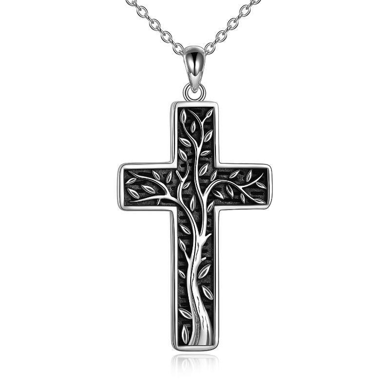 Sterling Silver Vintage Oxidized Tree Of Life & Cross Pendant Necklace-1