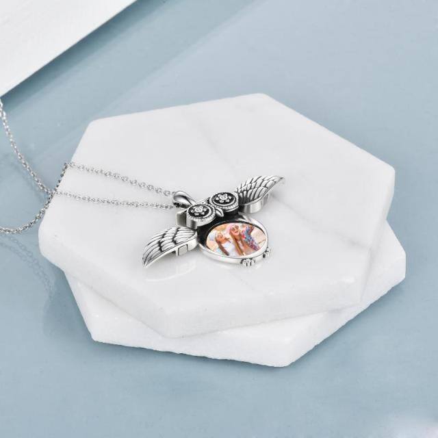 Sterling Silver Zircon Owl Personalized Photo Locket Necklace with Engraved Word-2