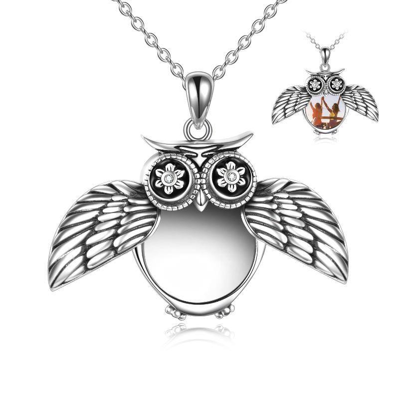 Sterling Silver Zircon Owl Personalized Photo Locket Necklace with Engraved Word-1