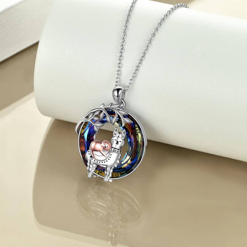 Sterling Silver Two-tone Crystal Alpaca & Llama & Sloth Pendant Necklace-3