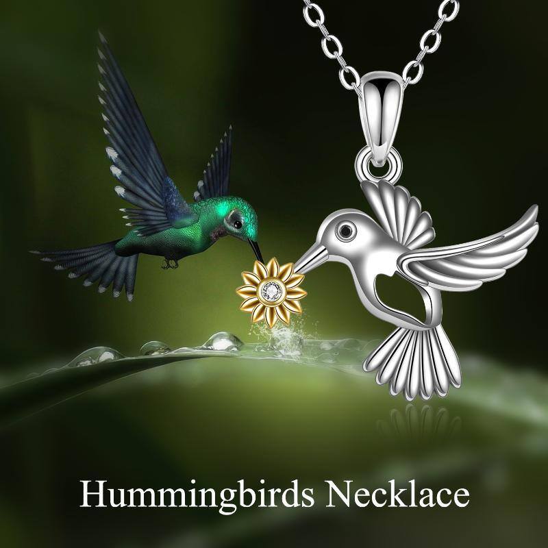 Sterling Silver Two-tone Cubic Zirconia Hummingbird & Sunflower Pendant Necklace-6
