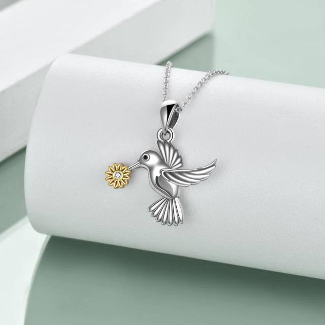 Sterling Silver Two-tone Cubic Zirconia Hummingbird & Sunflower Pendant Necklace-3