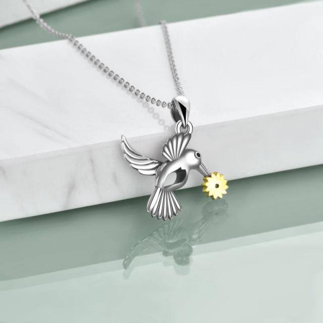 Sterling Silver Two-tone Cubic Zirconia Hummingbird & Sunflower Pendant Necklace-2