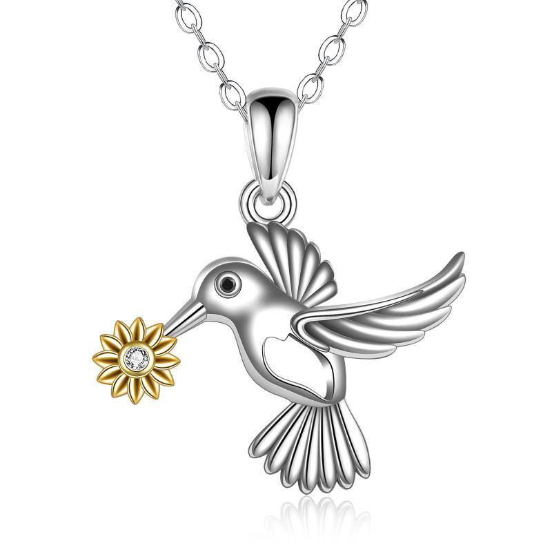 Sterling Silver Two-tone Cubic Zirconia Hummingbird & Sunflower Pendant Necklace-1